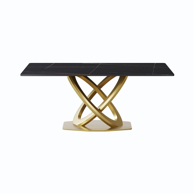 Table de salle à manger en pierre frittée blanche/noire, piédestal en acier inoxydable doré, pour 4 à 6 personnes