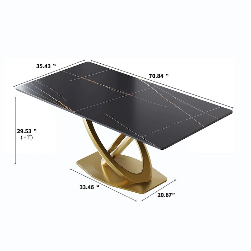 Table de salle à manger en pierre frittée blanche/noire, piédestal en acier inoxydable doré, pour 4 à 6 personnes