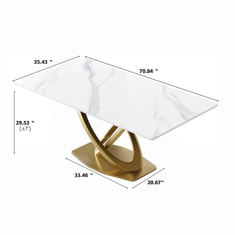 Table de salle à manger en pierre frittée blanche/noire, piédestal en acier inoxydable doré, pour 4 à 6 personnes