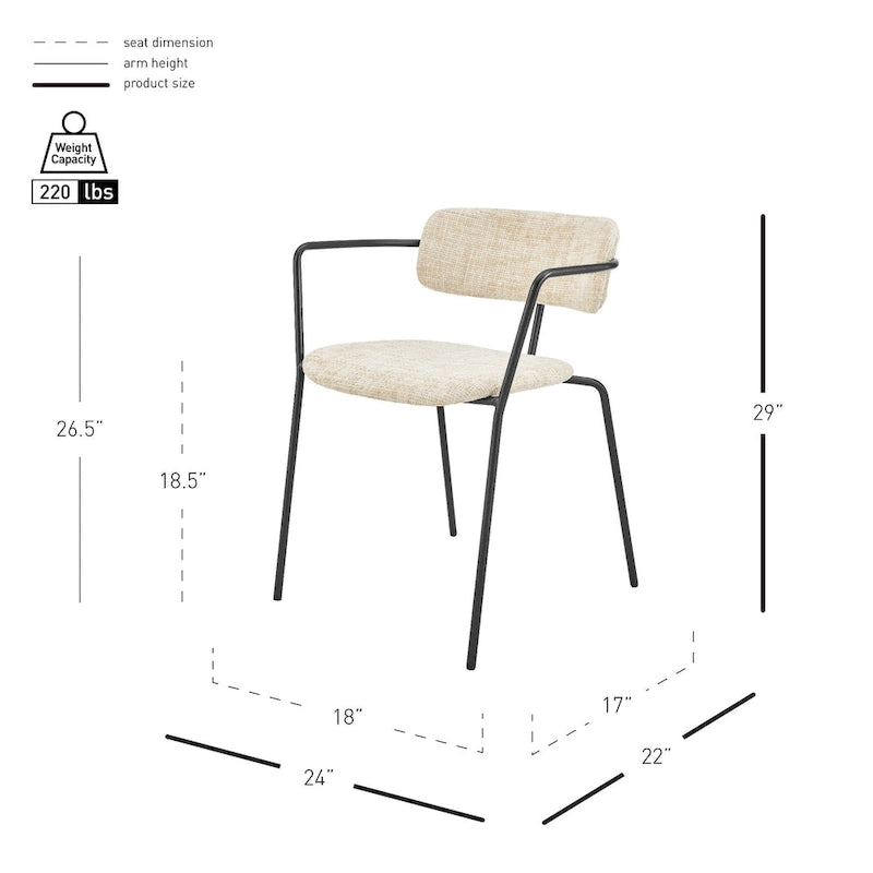 Chaise de salle à manger avec accoudoirs en tissu chenille crème/gris, lot de 2