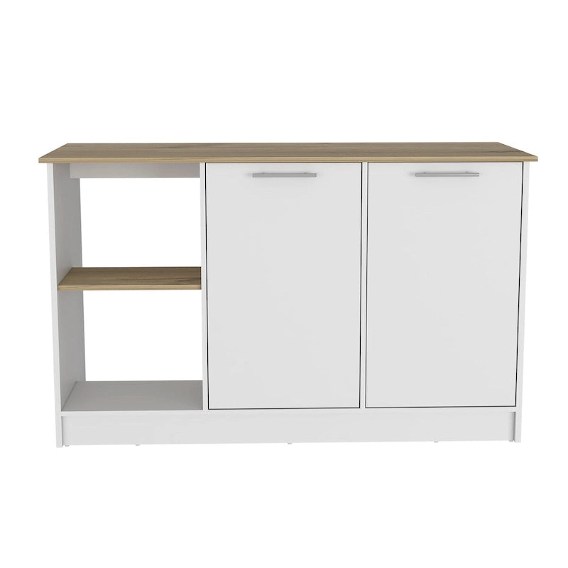 Îlot de cuisine Chêne blanc / clair avec étagères de rangement et armoire, 2 places assises