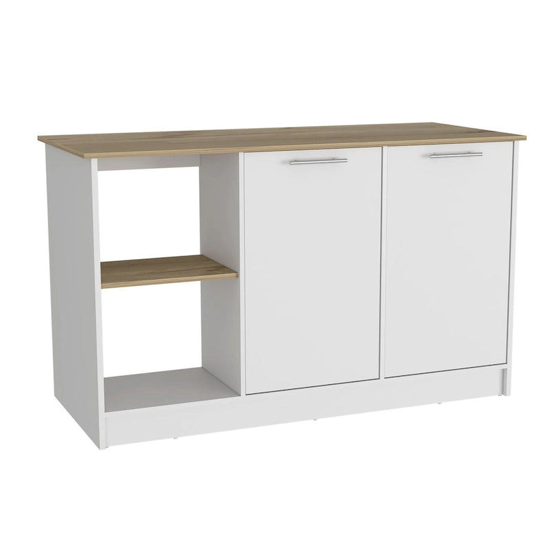 Îlot de cuisine Chêne blanc / clair avec étagères de rangement et armoire, 2 places assises