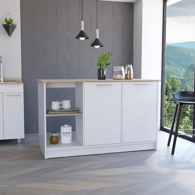 Îlot de cuisine Chêne blanc / clair avec étagères de rangement et armoire, 2 places assises