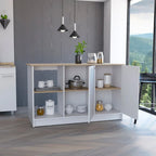 Îlot de cuisine Chêne blanc / clair avec étagères de rangement et armoire, 2 places assises