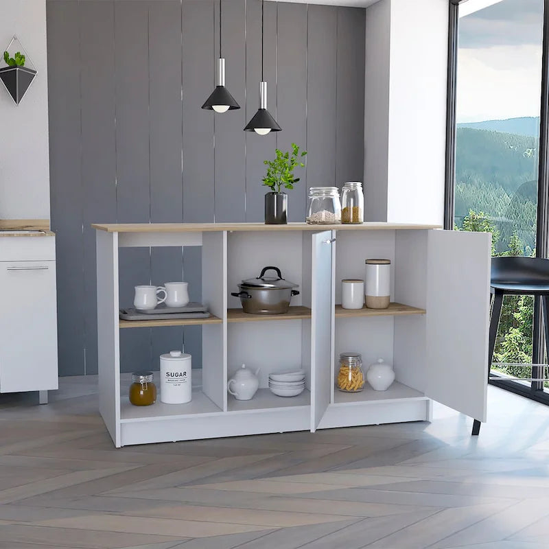 Îlot de cuisine Chêne blanc / clair avec étagères de rangement et armoire, 2 places assises