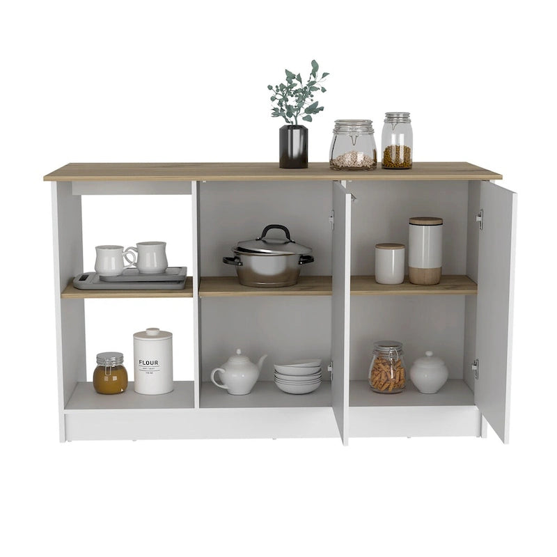 Îlot de cuisine Chêne blanc / clair avec étagères de rangement et armoire, 2 places assises