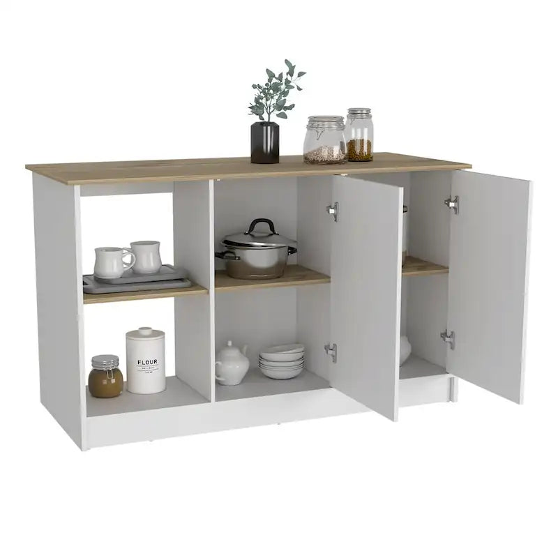Îlot de cuisine Chêne blanc / clair avec étagères de rangement et armoire, 2 places assises