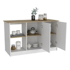 Îlot de cuisine Chêne blanc / clair avec étagères de rangement et armoire, 2 places assises