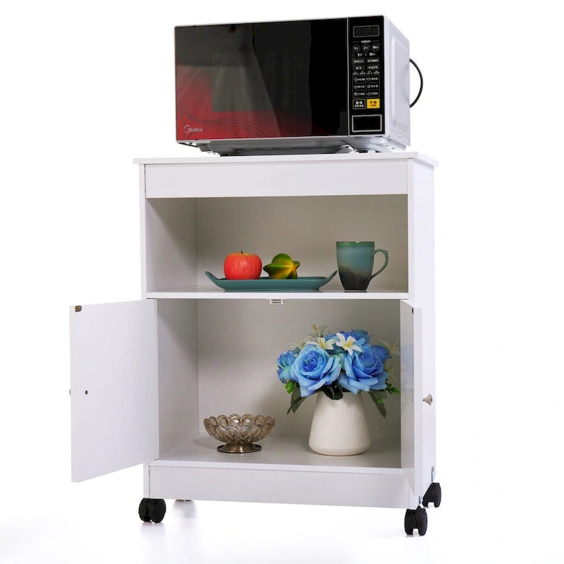 Meuble de cuisine blanc à roulettes pour micro-ondes, dessus ouvert + dessous à double porte, convient à 1