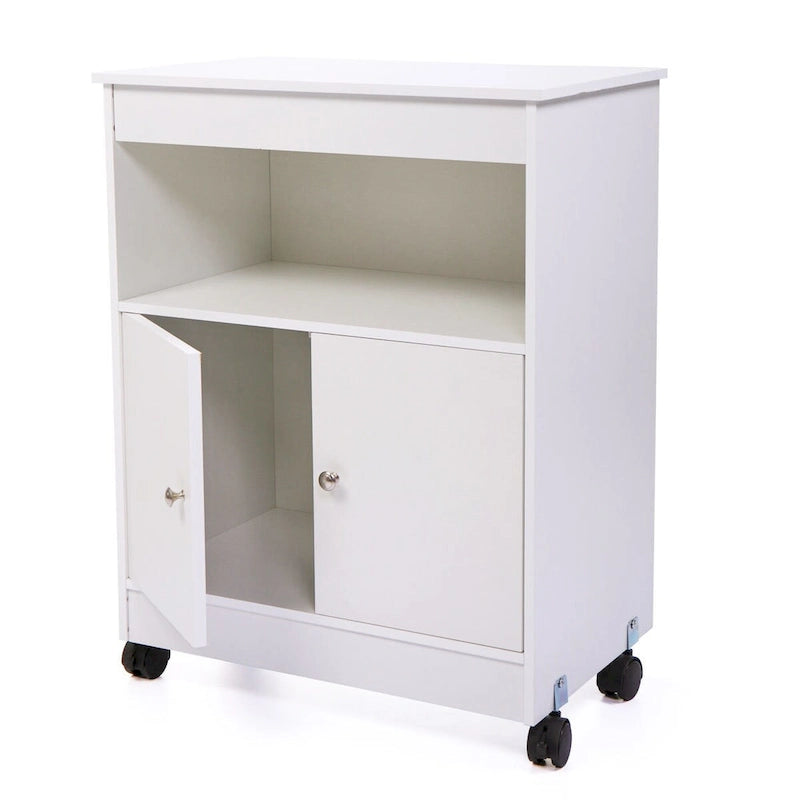 Meuble de cuisine blanc à roulettes pour micro-ondes, dessus ouvert + dessous à double porte, convient à 1