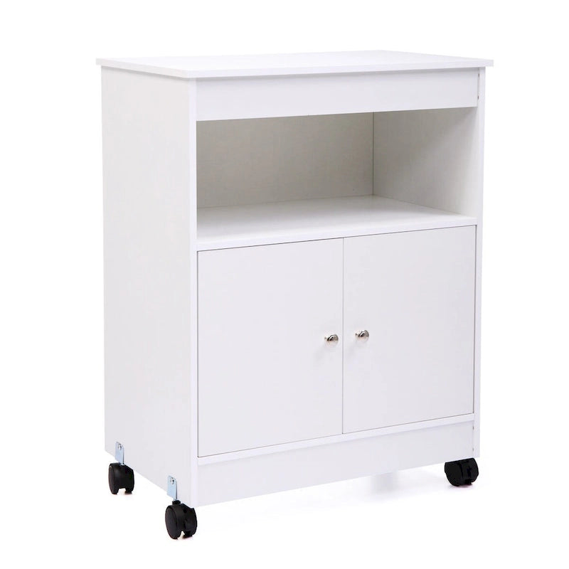 Meuble de cuisine blanc à roulettes pour micro-ondes, dessus ouvert + dessous à double porte, convient à 1