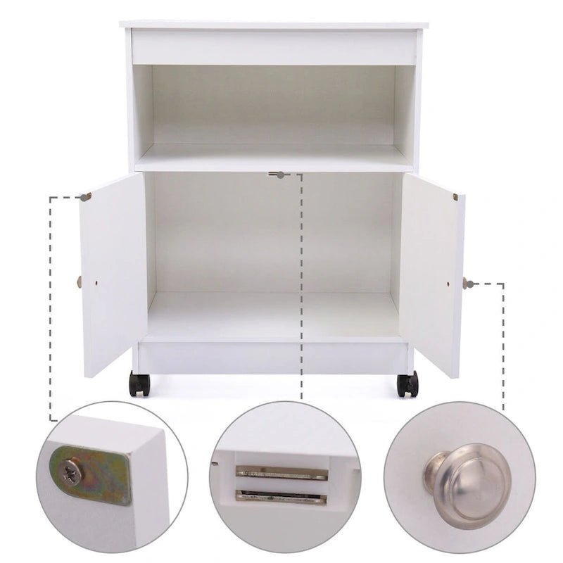 Meuble de cuisine blanc à roulettes pour micro-ondes, dessus ouvert + dessous à double porte, convient à 1