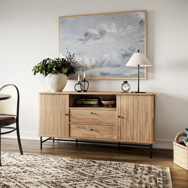 Buffet en bois clair / blanc avec portes coulissantes – Places assises pour 1, Convient pour 2 à 4 utilisateurs