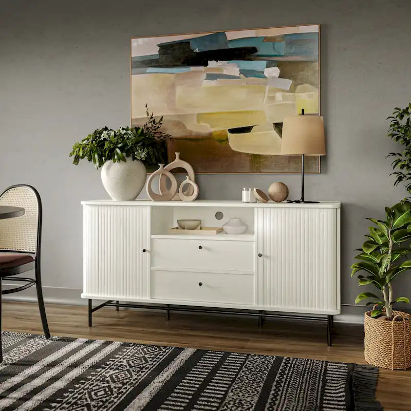 Buffet en bois clair / blanc avec portes coulissantes – Places assises pour 1, Convient pour 2 à 4 utilisateurs