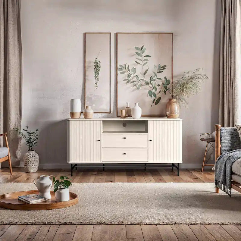 Buffet en bois clair / blanc avec portes coulissantes – Places assises pour 1, Convient pour 2 à 4 utilisateurs