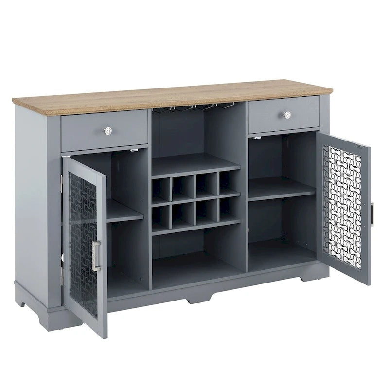 Buffet bas bleu clair avec tiroirs et portes vitrées, 2 portes