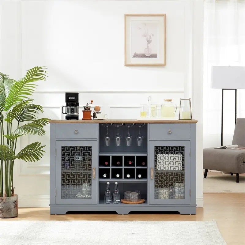 Buffet bas bleu clair avec tiroirs et portes vitrées, 2 portes