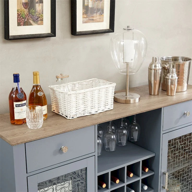 Buffet bas bleu clair avec tiroirs et portes vitrées, 2 portes