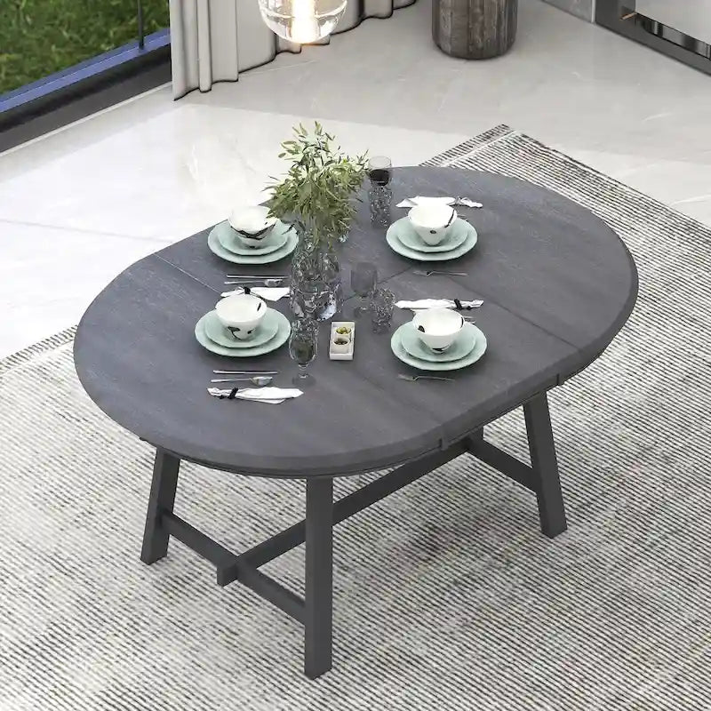 Table à manger ronde extensible, gris/bois naturel cérusé, style rétro, 4 places