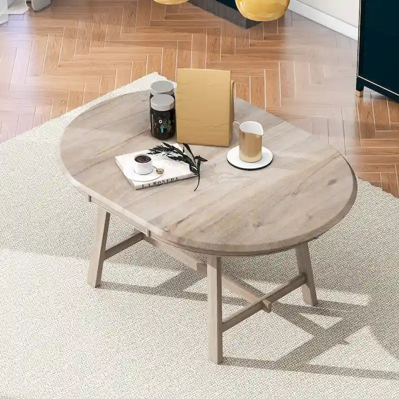 Table à manger ronde extensible, gris/bois naturel cérusé, style rétro, 4 places