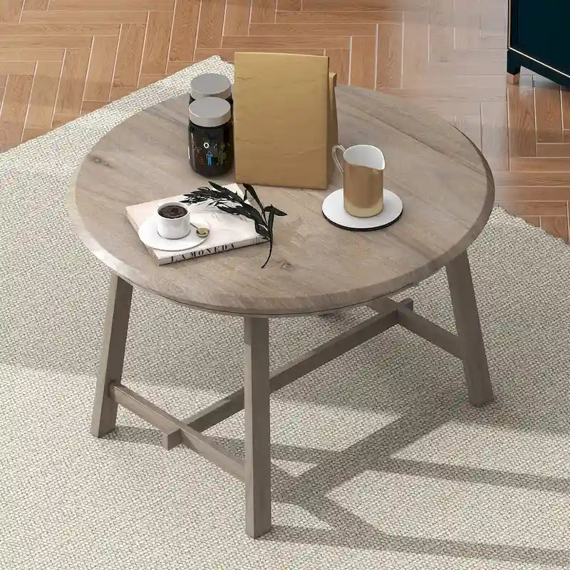 Table à manger ronde extensible, gris/bois naturel cérusé, style rétro, 4 places