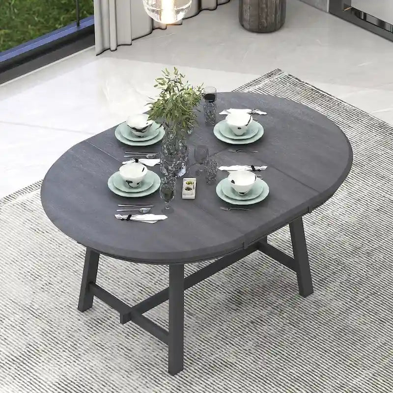 Table à manger ronde extensible, gris/bois naturel cérusé, style rétro, 4 places