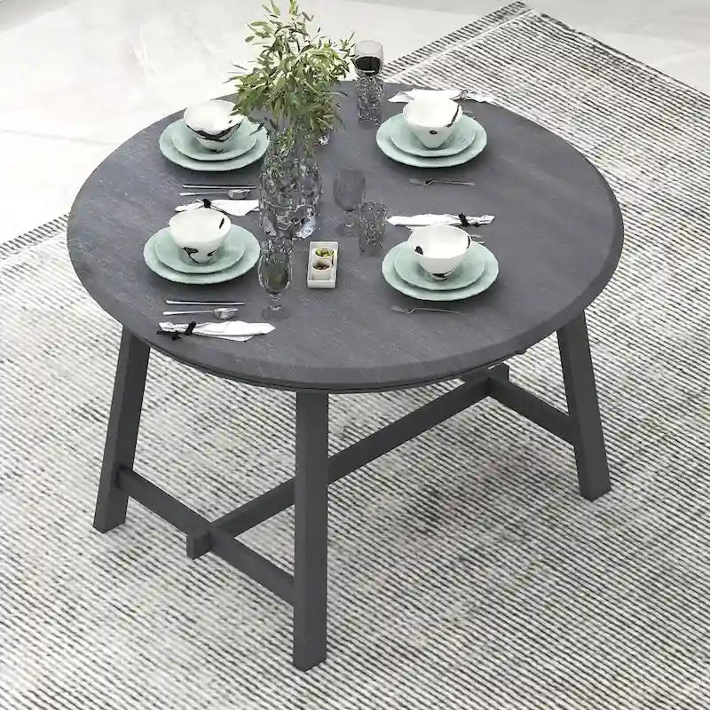 Table à manger ronde extensible, gris/bois naturel cérusé, style rétro, 4 places