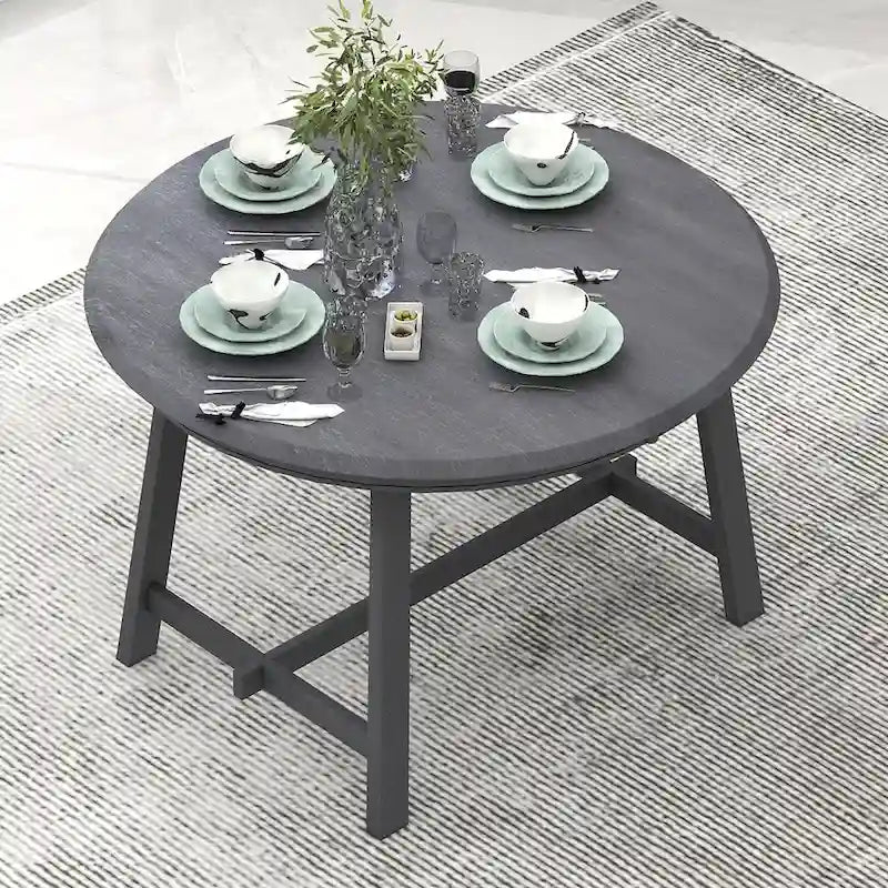 Table à manger ronde extensible, gris/bois naturel cérusé, style rétro, 4 places