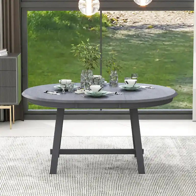 Table à manger ronde extensible, gris/bois naturel cérusé, style rétro, 4 places