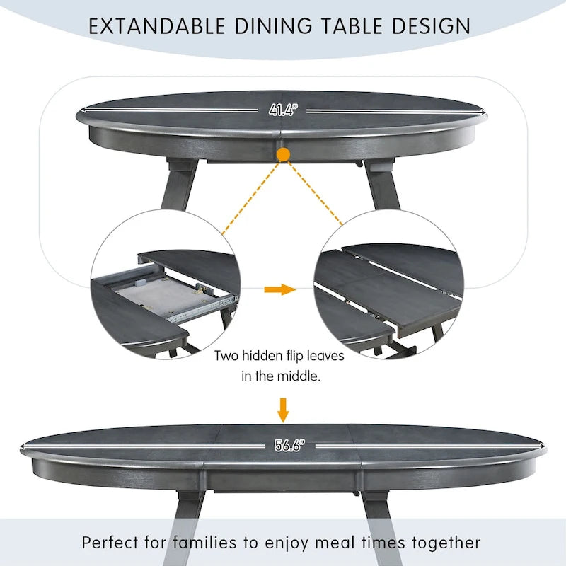 Table à manger ronde extensible, gris/bois naturel cérusé, style rétro, 4 places
