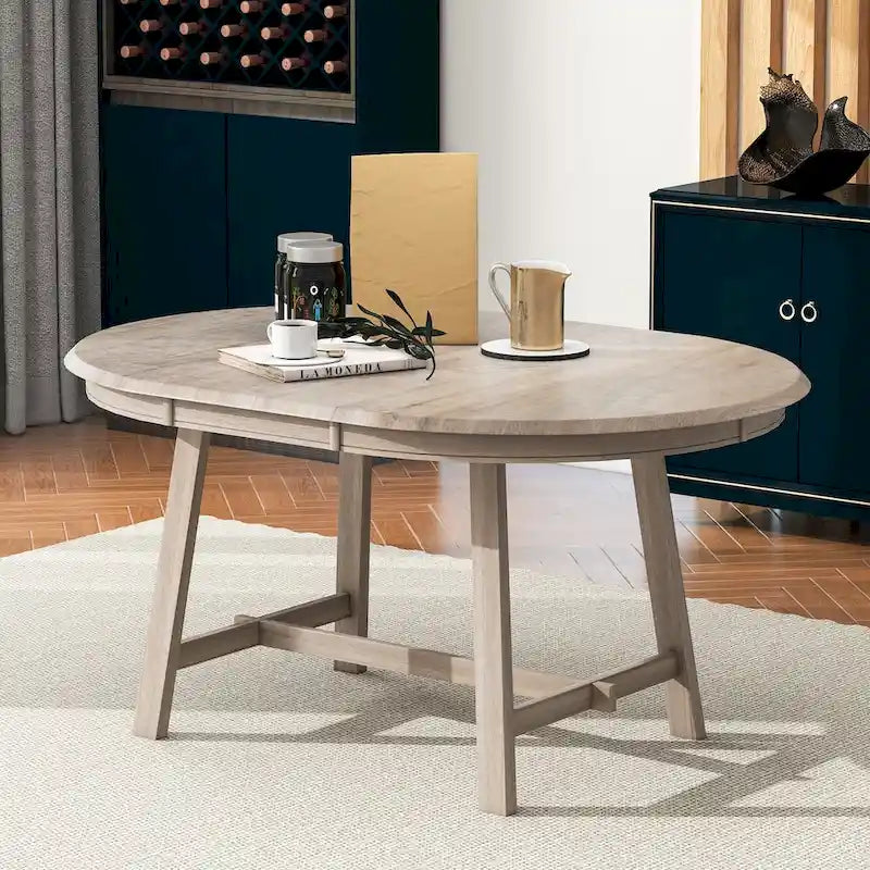Table à manger ronde extensible, gris/bois naturel cérusé, style rétro, 4 places