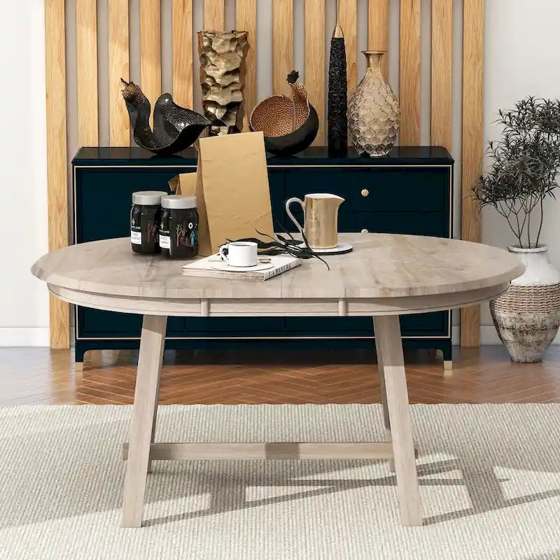 Table à manger ronde extensible, gris/bois naturel cérusé, style rétro, 4 places