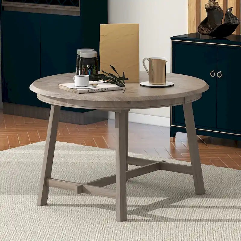 Table à manger ronde extensible, gris/bois naturel cérusé, style rétro, 4 places