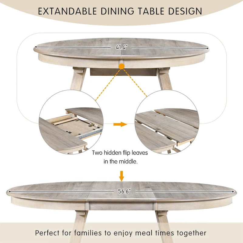 Table à manger ronde extensible, gris/bois naturel cérusé, style rétro, 4 places