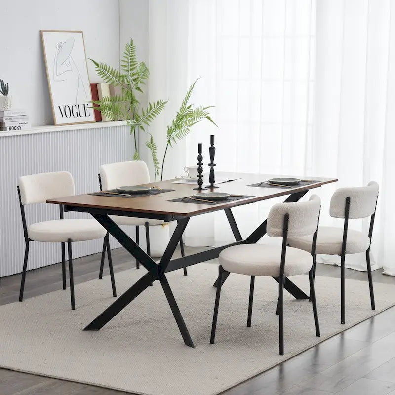 Lot de 4 chaises de salle à manger Teddy en tissu, Blanc/Noir, Pieds en métal