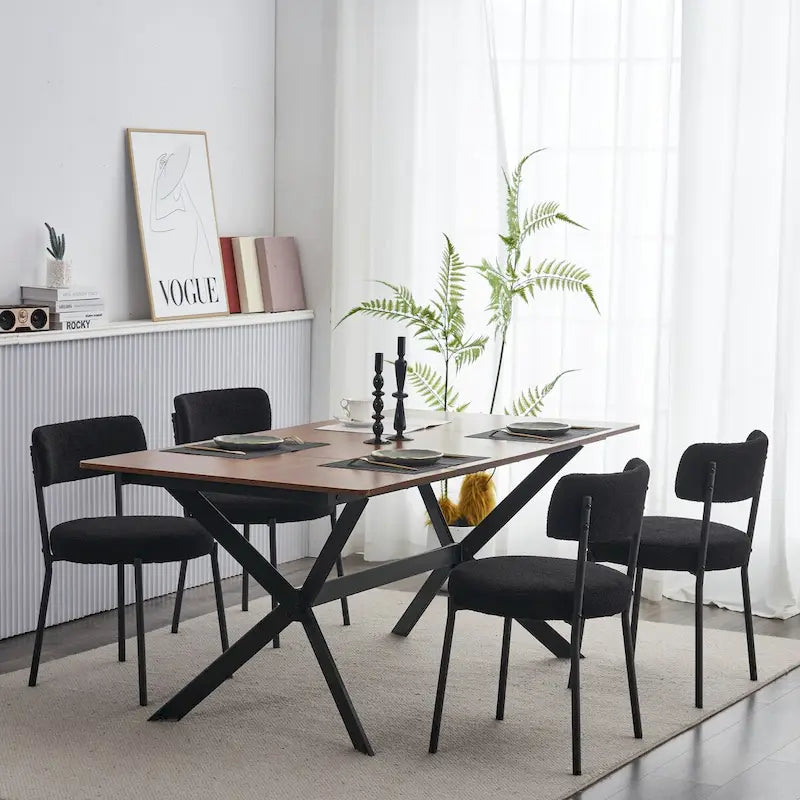 Lot de 4 chaises de salle à manger Teddy en tissu, Blanc/Noir, Pieds en métal