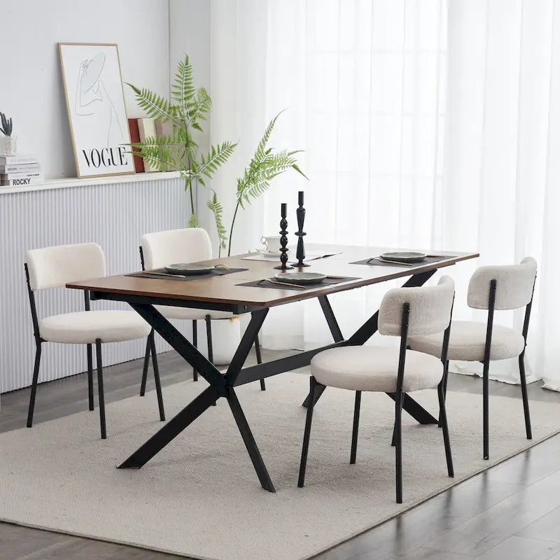 Lot de 4 chaises de salle à manger Teddy en tissu, Blanc/Noir, Pieds en métal