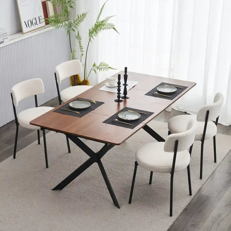 Lot de 4 chaises de salle à manger Teddy en tissu, Blanc/Noir, Pieds en métal