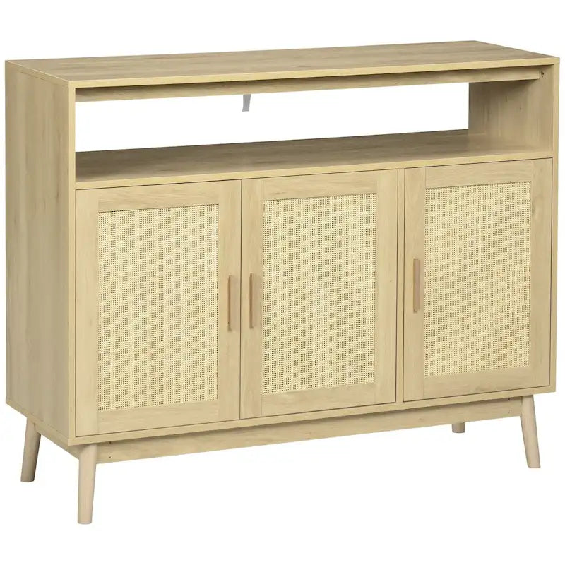 Buffet en bois naturel avec portes en rotin, montage par 1 personne