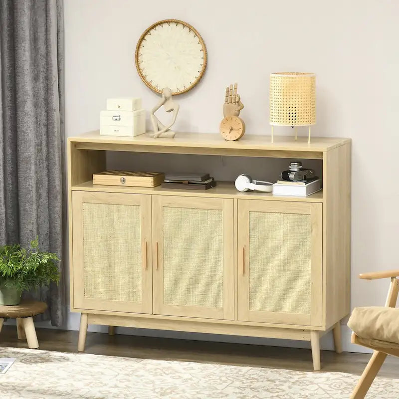 Buffet en bois naturel avec portes en rotin, montage par 1 personne