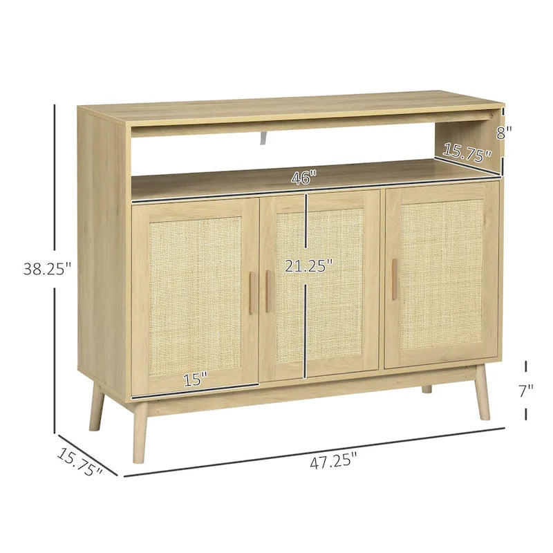 Buffet en bois naturel avec portes en rotin, montage par 1 personne