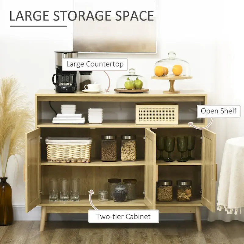 Buffet en bois naturel avec portes en rotin, montage par 1 personne