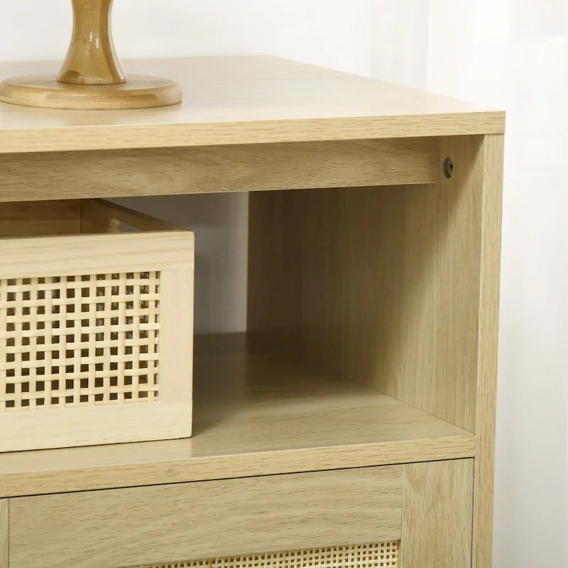 Buffet en bois naturel avec portes en rotin, montage par 1 personne