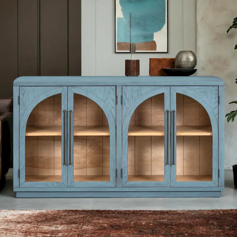 Buffet rétro 4 portes, bleu marine/noir, avec étagères réglables
