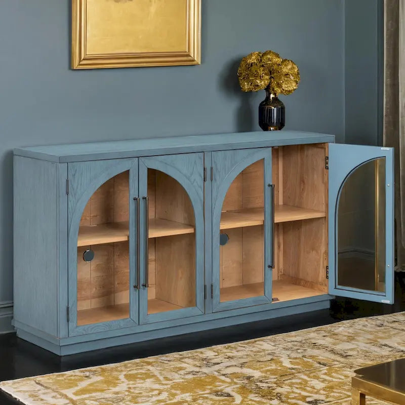 Buffet rétro 4 portes, bleu marine/noir, avec étagères réglables