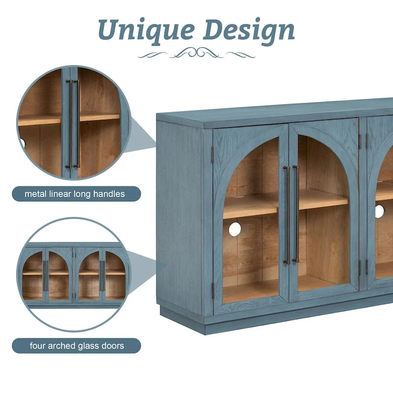 Buffet rétro 4 portes, bleu marine/noir, avec étagères réglables