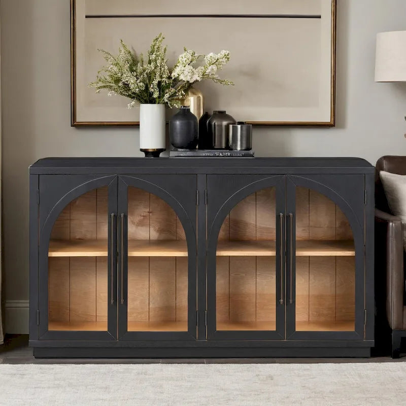 Buffet rétro 4 portes, bleu marine/noir, avec étagères réglables