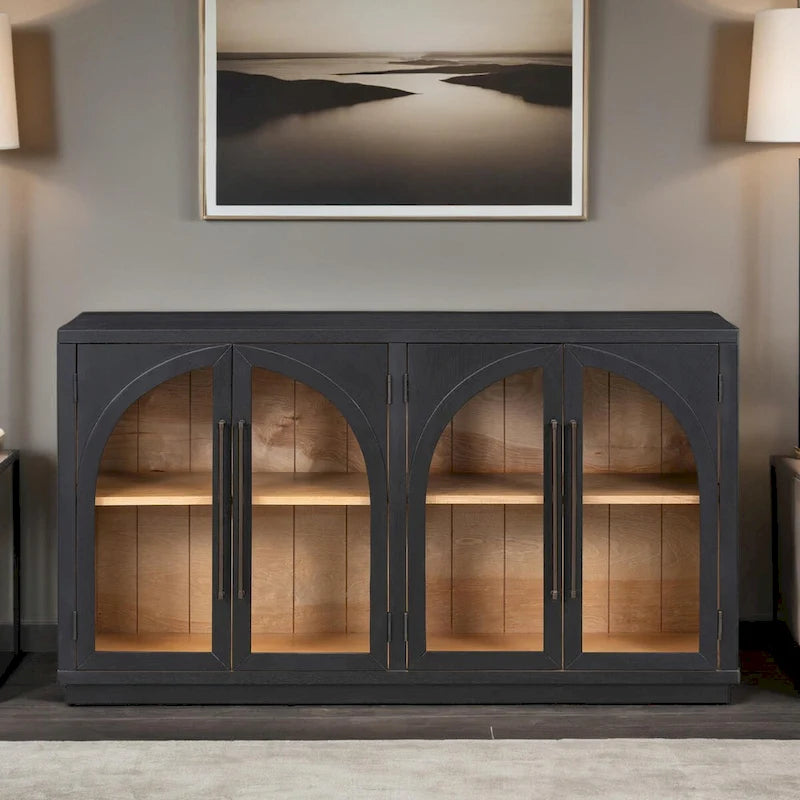 Buffet rétro 4 portes, bleu marine/noir, avec étagères réglables