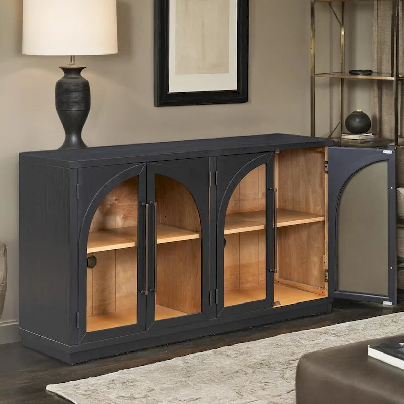 Buffet rétro 4 portes, bleu marine/noir, avec étagères réglables