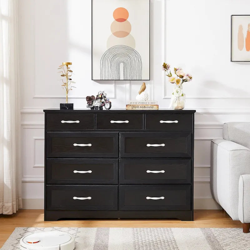 Commode noire/blanche à 9 tiroirs, style fermier, pour 1 personne